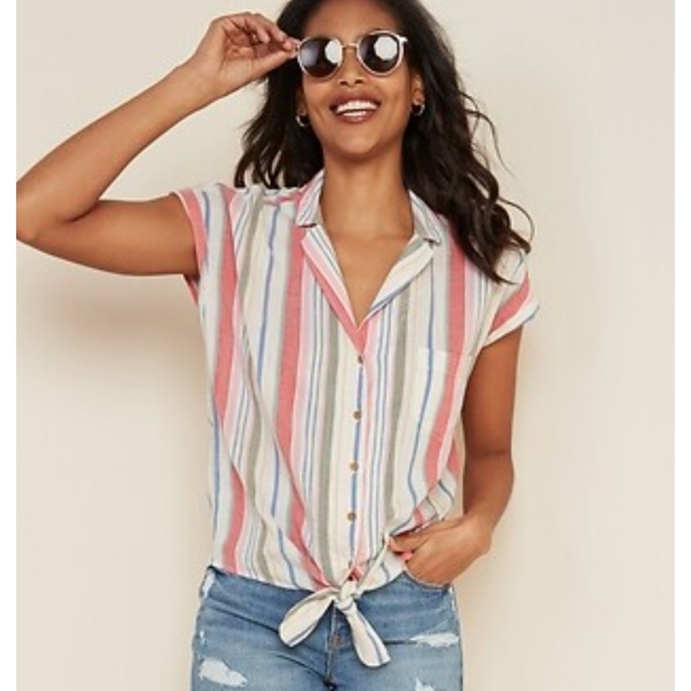 Old Navy Multi Striped Notched Collar Tie Hem Shirt Size M